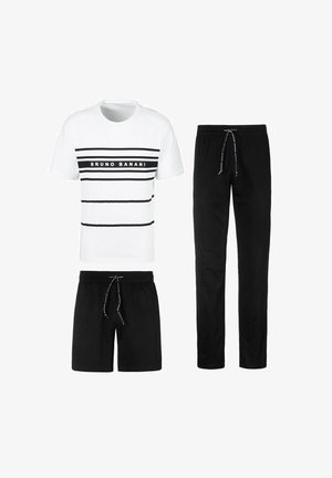 Meeste koduriiete komplekt, mis sisaldab valget lühikeste varrukatega T-särki mustade triipudega ja logoga, millele on sobitatud mustad lühikesed püksid ja püksid. Puuvillane materjal.