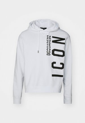Witte hoodie van zachte stof, met een zwart verticale logo-print met de tekst "Dsquared2" en "ICON". Met trekkoord in de capuchon en geribbelde mouwen.