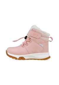 Botas impermeables rosas con forro de pelo, cierre de cordones y Velcro, paneles texturizados, suela de goma y talón reforzado para mayor soporte.