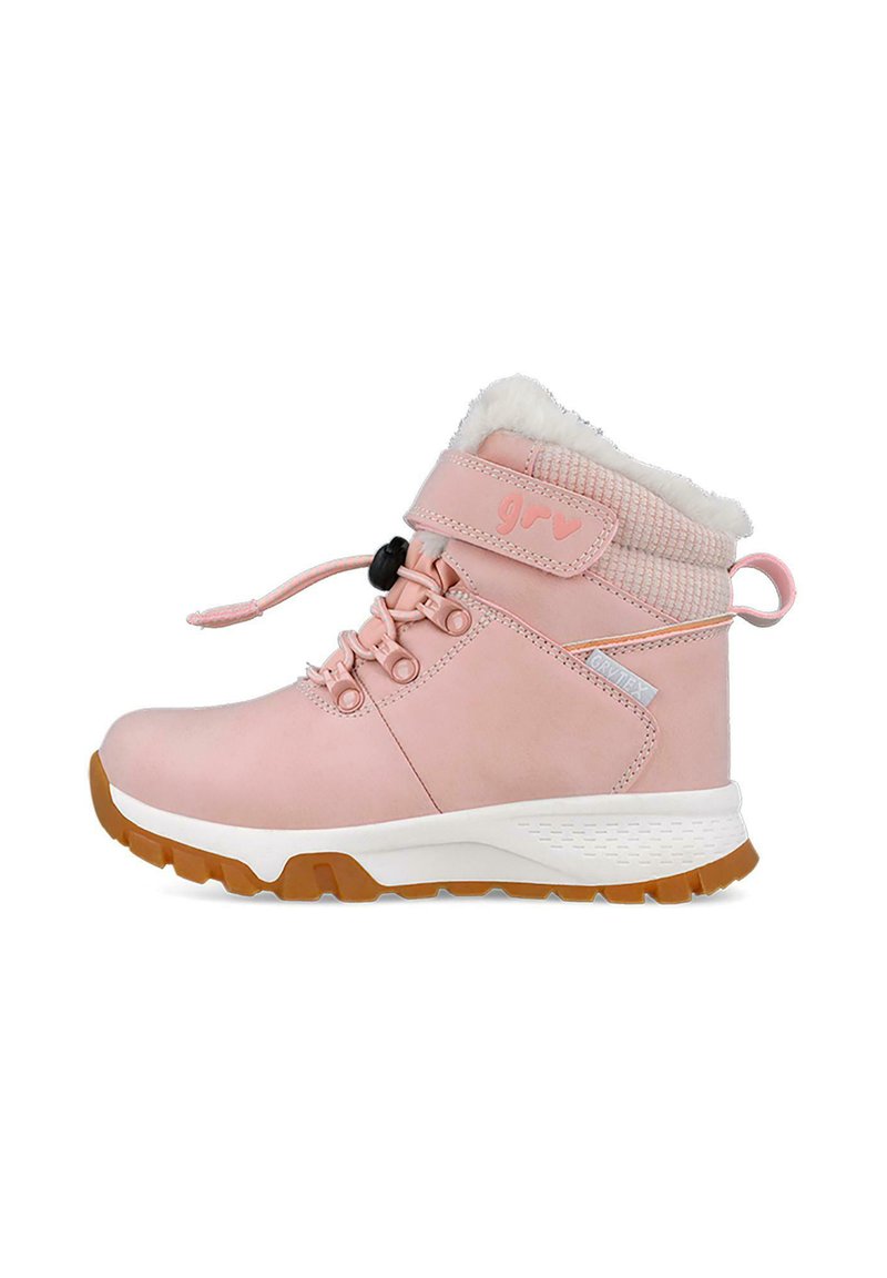 Botas impermeables rosas con forro de pelo, cierre de cordones y Velcro, paneles texturizados, suela de goma y talón reforzado para mayor soporte.
