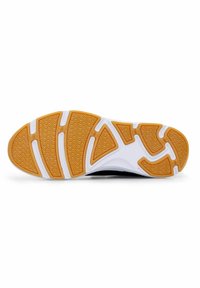 Gummisula med en vit bas och ett strukturerat orange m önster, spår för grepp och släta kanter för flexibilitet.