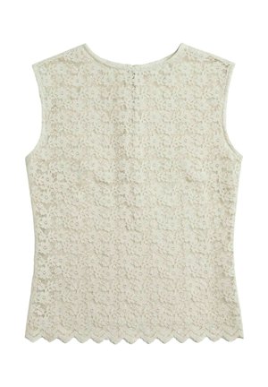 Haut sans manches en dentelle crème avec motif floral, encolure ronde, ourlet festonné et fermeture par boutons au dos.