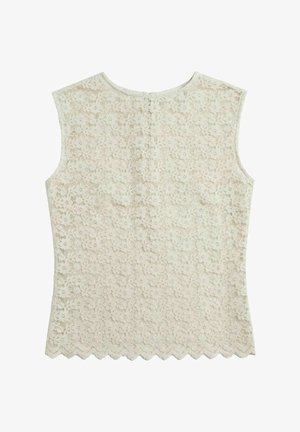Haut sans manches en dentelle crème avec motif floral, encolure ronde, ourlet festonné et fermeture par boutons au dos.