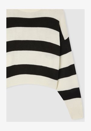 Maglione a righe bianche e nere in maglia con una vestibilità comoda. Presenta un ampio scollo e polsini a coste all'estremità delle maniche.