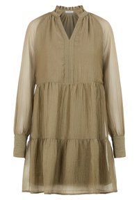Robe marron clair à manches longues avec manches transparentes, taille froncée, jupe à volants et petit col à volants avec une ouverture en V.