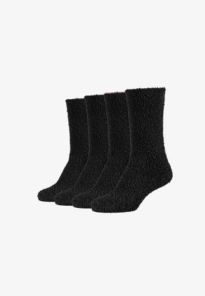 Mustad mustad sokid, millel on paks ja pehme tekstuur, crew-pikkus ning ühtlane värv, mille ülaosas on veidi heledam plush-riba. Kokku neli paari.