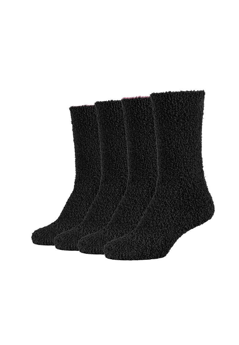 Schwarze, flauschige Socken mit einer dicken, weichen Textur, in knöchellanger Ausführung und einer einheitlichen Farbe, die am oberen Rand einen etwas helleren Frottee-Bereich aufweist. Insgesamt vier Paare.