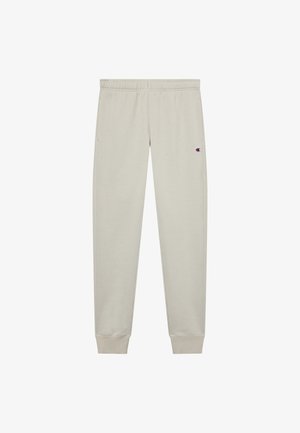 Pantaloni della tuta grigi chiari realizzati in tessuto morbido, con una cintura elastica, orli a costine e un piccolo logo sul lato sinistro.