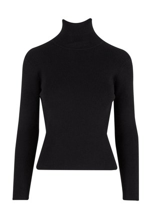 Černý žebrovaný rolák s dlouhými rukávy, přiléhavý střih, texturovaná tkanina a vysoký límec.