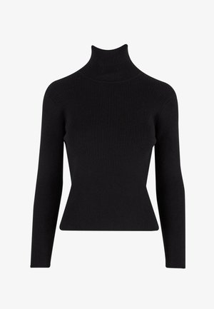 Black ribbed turtleneck sweater with long sleeves, fitted silhouette, textured fabric, and high neck.