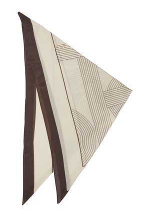 Cream and brown triangular scarf with geometric line patterns and solid brown border on two edges.