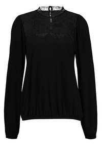 Czarna bluzka z długimi rękawami, koronkowym zdobieniem na karczku, zaokrąglonym dekoltem oraz marszczoną talią. Gładka faktura na całej powierzchni.