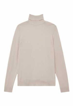 Pulover bej cu guler înalt și mâneci lungi. Fabricat dintr-un material moale, texturat. Are un guler înalt și o margine dreaptă.