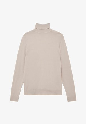 Beige rullekravesweater med lange ærmer. Fremstillet af blødt, struktureret stof. Har en høj krave og lige kant.