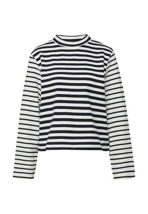 Langärmeliges schwarz-weiß gestreiftes Shirt mit horizontalen Streifen, hohem Kragen und leicht gekürztem Saum.