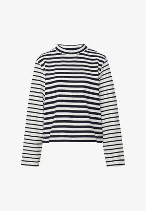 Čierno-biele pruhované tričko s dlhým rukávom, vysokým golierom a mierne skráteným lemom.