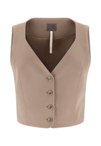Braune, ärmellose Bluse mit V-Ausschnitt, ausgestattet mit fünf dekorativen Knöpfen vorne und einer glatten, strukturierten Stoffoberfläche.