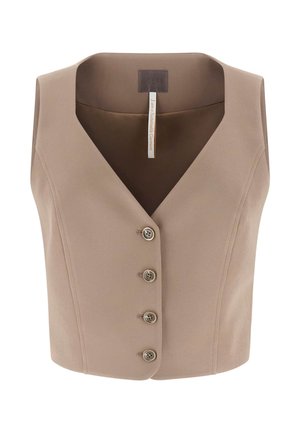 Braune, ärmellose Bluse mit V-Ausschnitt, ausgestattet mit fünf dekorativen Knöpfen vorne und einer glatten, strukturierten Stoffoberfläche.