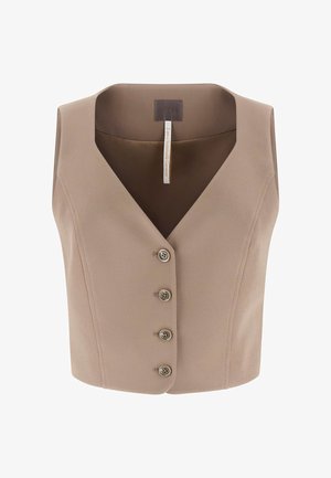 Brązowa, bezrękawnikowa bluzka z dekoltem w serek, ozdobiona pięcioma dekoracyjnymi guzikami z przodu oraz gładką, strukturalną tkaniną.