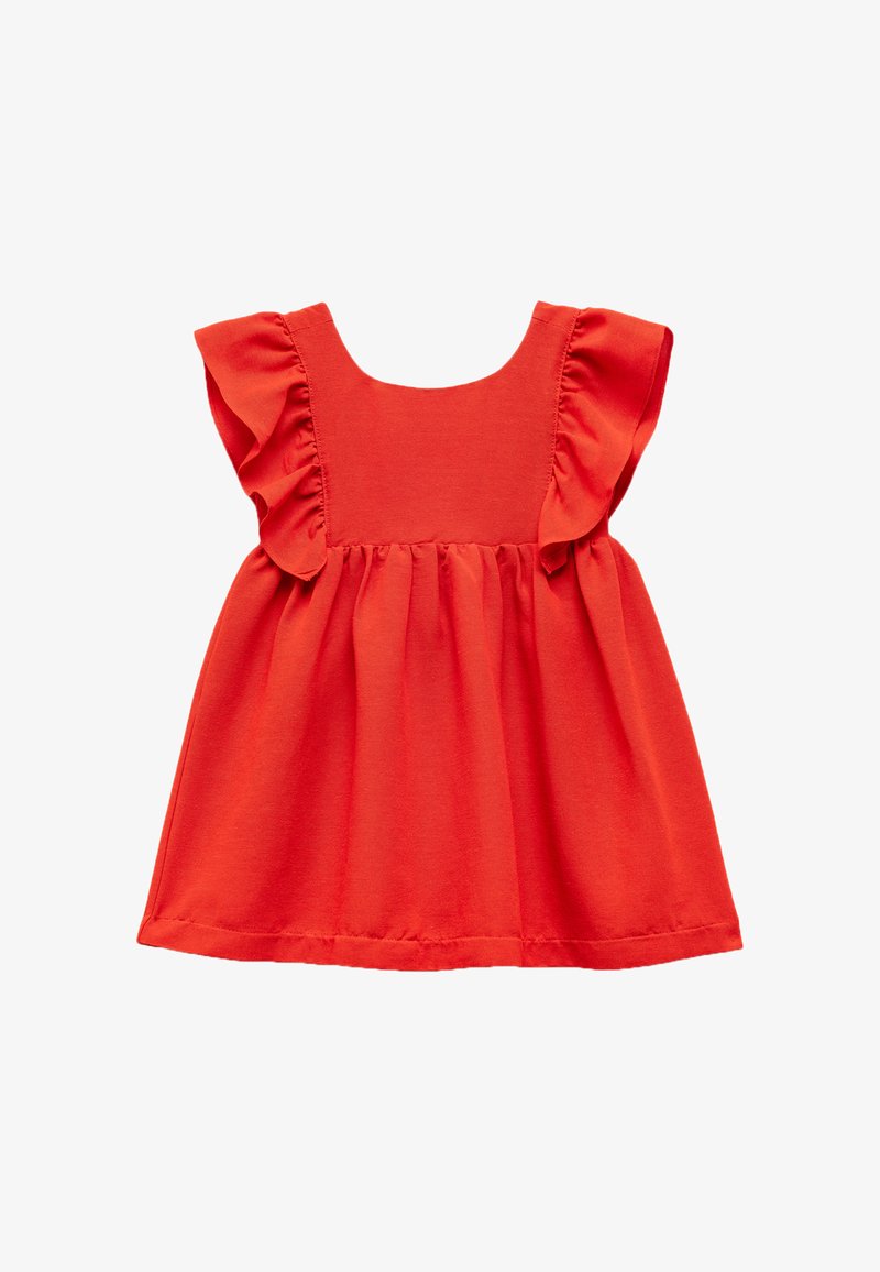 Rød bomulds kjole med korte flæseærmer, rund halsudskæring og plisseret nederdel. Enkel design, glat tekstur og ensfarvet.