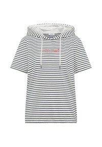 Short-sleeve white hoodie with navy blue horizontal stripes and red text "CREATwe" on the chest, featuring white drawstrings and elastic hem.
