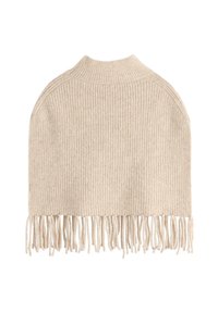 Beige strikket poncho med ribbet tekstur, der har en rund krave og lange frynser i bunden. Enkel og funktionel design.