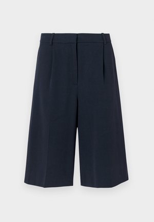 Marineblauwe, knie-lange shorts gemaakt van een gladde, lichte stof met plooien aan de voorkant en een getailleerde tailleband. Geen zichtbare zakken.