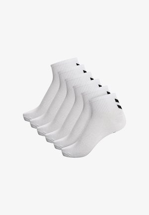 White cotton ankle socks, ribbed tops with black accent stripes. Each pack contains six pairs with a smooth texture and cushioned soles.