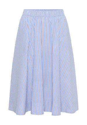 Falda línea A azul claro con rayas verticales blancas y rojas y una cintura elástica, mostrada sobre un fondo blanco.
