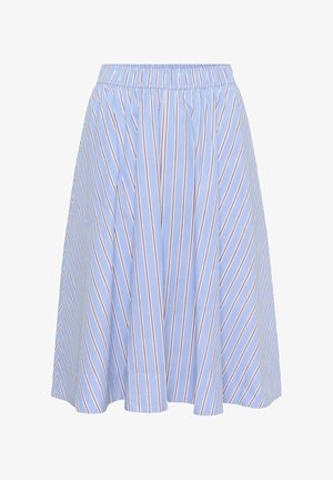 Light blue A-line skirt with vertical white and red stripes and an elastic waistband, displayed against a white background.