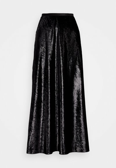 Black midi skirt made of shiny, textured fabric. It features an elastic waistband and a flowing design, with a subtle sheen throughout.