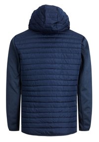 Navy jacket featuring a hood, quilted front with horizontal lines, and smooth fabric sleeves. Back view shows uniform color and texture.