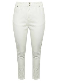 Light-colored, stretchy cotton pants with two front buttons, tapered legs, and side pockets. Smooth texture and minimalist design.