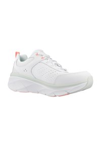 White athletic shoe with mesh upper, pink accents, padded collar, and thick, textured outsole for support and cushioning.