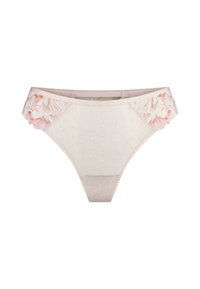 Lace-trimmed string in zacht beige met stippenstructuur en bloemenpatroon aan de zijkanten. Elastische tailleband voor comfortabel dragen.