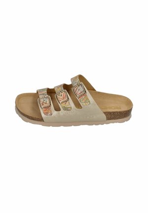 Beige Rutschsandalette mit drei verstellbaren Riemen, die mehrfarbige Muster aufweisen, Korkfußbett und rutschfester Gummisohle.
