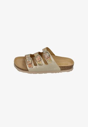 Beige slide sandal with three adjustable straps featuring multicolored patterns, cork footbed, and textured rubber sole.