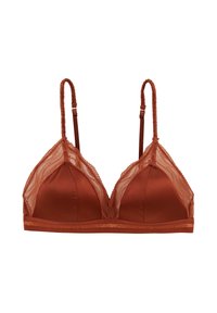 Brassière triangle en dentelle et satin dans une riche couleur rouille. Elle possède des bretelles réglables et une bande élastique décorative au bas.
