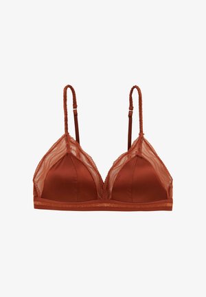 Brassière triangle en dentelle et satin dans une riche couleur rouille. Elle possède des bretelles réglables et une bande élastique décorative au bas.