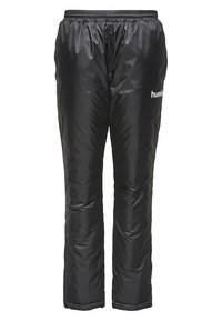 Schwarze wasserdichte Hosen mit glänzender Textur, elastischem Bund und lockerer Passform. Mit einem auf der Seite gedruckten Logo.