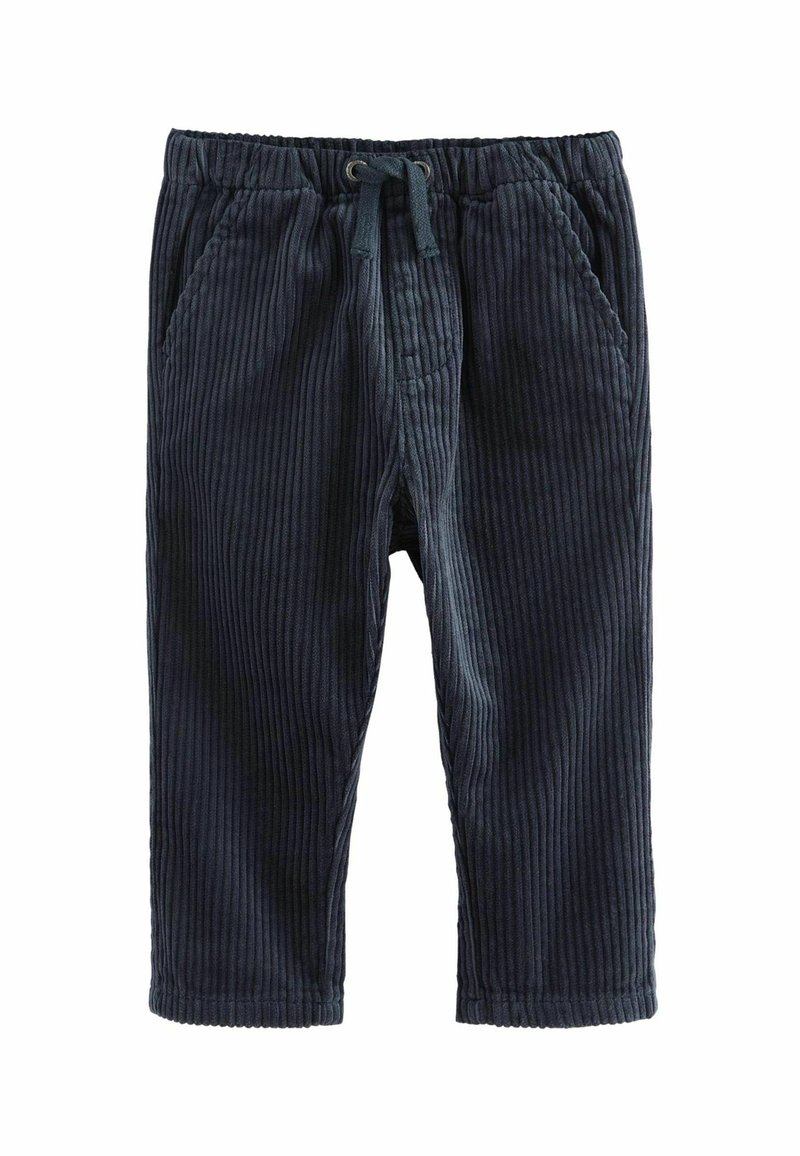 Marineblå kordfløjl bukser med ribbet tekstur, elastisk talje med snor, og sidelommer. Straight-leg design, midt på læggen længde.