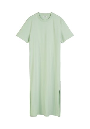 Light green, short-sleeved dress in soft fabric with side slits. Simple, straight design with a round neckline and no visible patterns.
