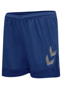 Blå atletiska shorts av lättviktsmaterial. Har ett elastiskt midjeband och en silverfärgad logotypdesign på vänster sida.