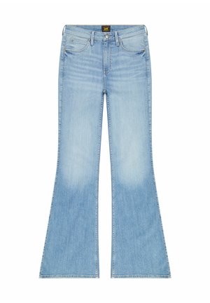 Lyseblå flagrende jeans lavet af denim. Har fem lommer, en knaplukning og en falmet vask med en let børstet effekt.