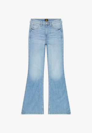 Jean évasé bleu clair en denim. Dispose de cinq poches, d'une fermeture à bouton et d'un aspect délavé avec un effet légèrement frotté.