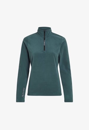Fleece pullover in dark teal with a high collar and a quarter-zip closure. Features "Polartec" logo on the sleeve and a brand tag at the neck.