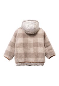 Beige en lichtbruine geruite fleecejas met glanzende beige capuchon en onderste zoom, van achteren getoond op een witte achtergrond.