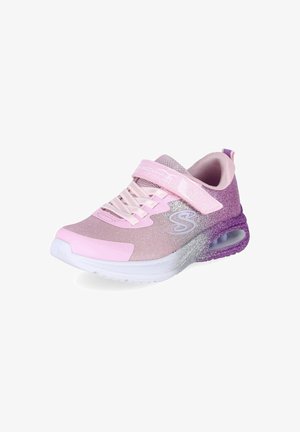 Basket pour enfants en dégradé rose et violet avec paillettes, lacets à l’avant et fermeture velcro sur fond blanc.