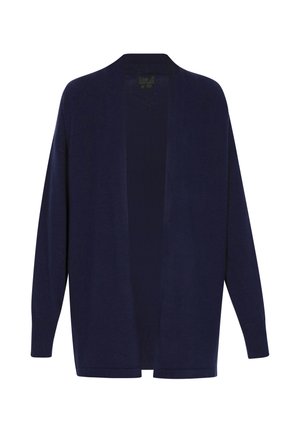 Marineblaue, offene Strickjacke aus weichem Material mit langen Ärmeln, gerippten Bündchen und einem lockeren Schnitt ohne Verschlüsse.