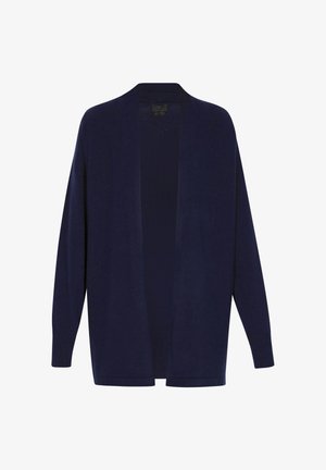 Cardigan aperto di colore blu navy, realizzato in un materiale morbido, con maniche lunghe, polsini a costine e una vestibilità rilassata senza chiusure.
